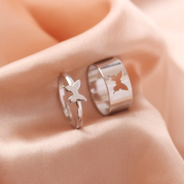 Silver Color Butterfly Rings For Women Men Lover Couple Ring Set