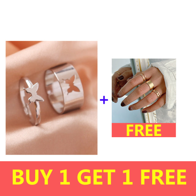 Silver Color Butterfly Rings For Women Men Lover Couple Ring Set