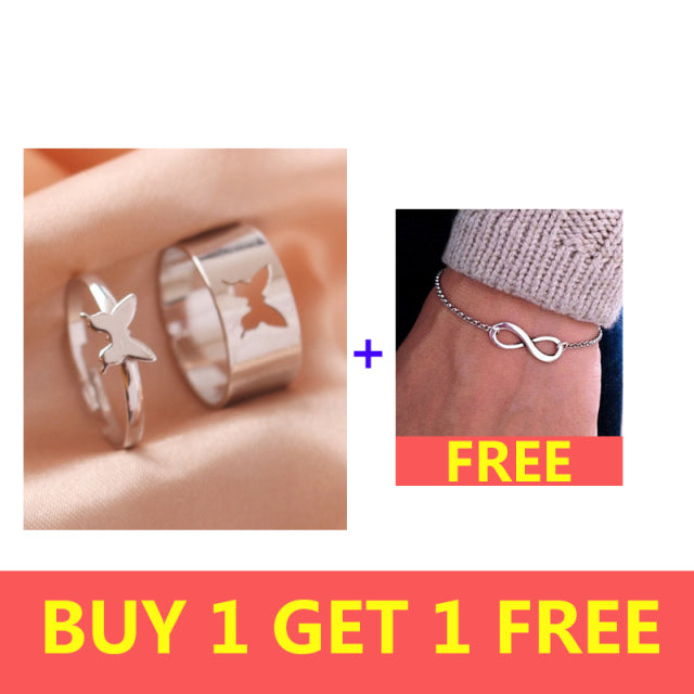 Silver Color Butterfly Rings For Women Men Lover Couple Ring Set